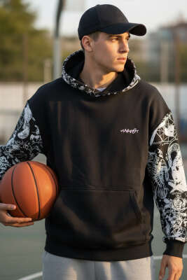 Grafiti Baskılı Kapüşonlu Erkek Sweatshirt Siyah - Erkek Sweatshirt