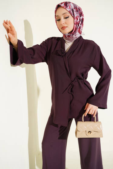 Gül Aksesuarlı Bağlamalı İkili Takım Mürdüm - İkili Takım