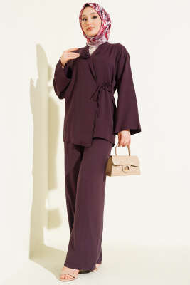 Gül Aksesuarlı Bağlamalı İkili Takım Mürdüm - İkili Takım