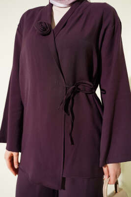 Gül Aksesuarlı Bağlamalı İkili Takım Mürdüm - İkili Takım