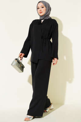 Gül Aksesuarlı Bağlamalı İkili Takım Siyah - MD TREND