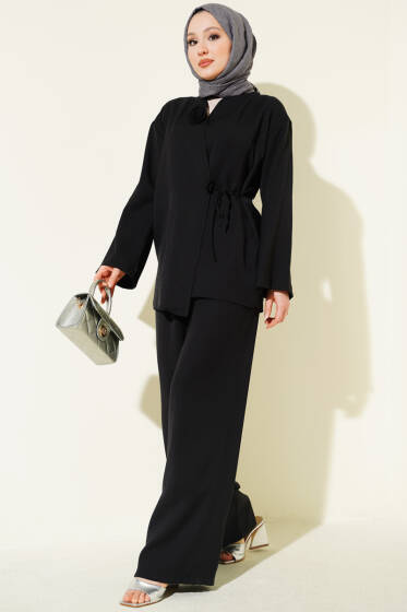 Gül Aksesuarlı Bağlamalı İkili Takım Siyah - İkili Takım
