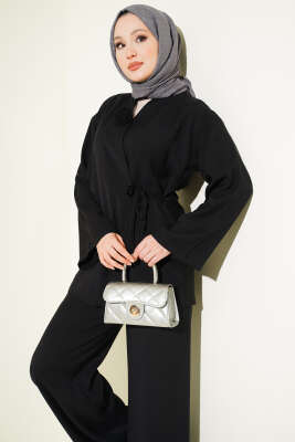 Gül Aksesuarlı Bağlamalı İkili Takım Siyah - İkili Takım