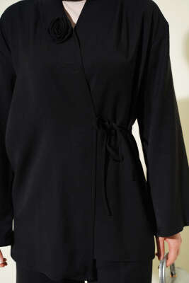 Gül Aksesuarlı Bağlamalı İkili Takım Siyah - İkili Takım