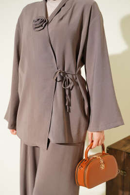 Gül Aksesuarlı Bağlamalı İkili Takım Vizon - İkili Takım