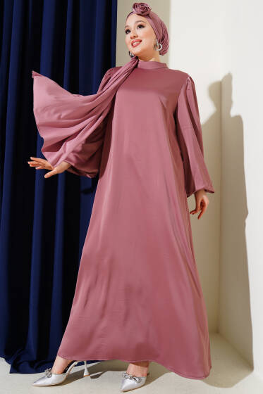 Gül Aksesuarlı Balon Kol Saten Elbise Gül Kurusu - Elbise