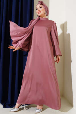 Gül Aksesuarlı Balon Kol Saten Elbise Gül Kurusu 