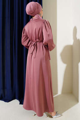 Gül Aksesuarlı Balon Kol Saten Elbise Gül Kurusu - Tesettür Elbise