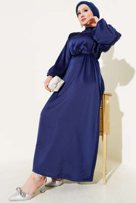 Gül Aksesuarlı Balon Kol Saten Elbise Lacivert 