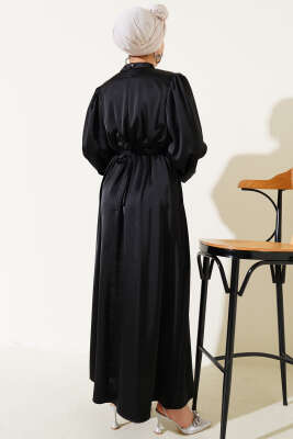 Gül Aksesuarlı Balon Kol Saten Elbise Siyah - Tesettür Elbise