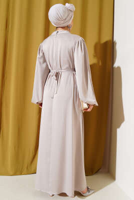 Gül Aksesuarlı Balon Kol Saten Elbise Taş - Tesettür Elbise