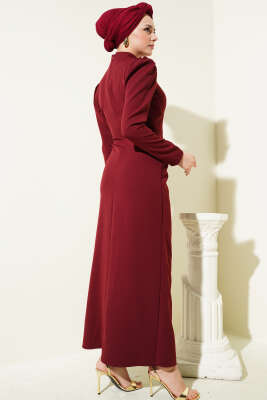 Gül Aksesuarlı Bel Pileli Elbise Bordo - Tesettür Elbise