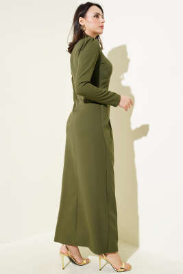 Gül Aksesuarlı Bel Pileli Elbise Haki - Tesettür Elbise