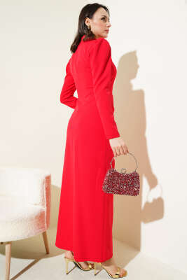 Gül Aksesuarlı Bel Pileli Elbise Kırmızı - Tesettür Elbise