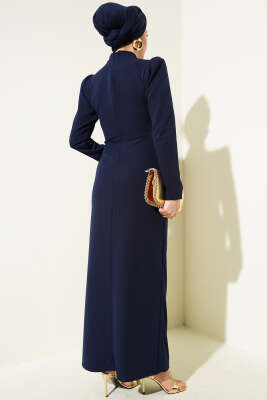 Gül Aksesuarlı Bel Pileli Elbise Lacivert - Tesettür Elbise
