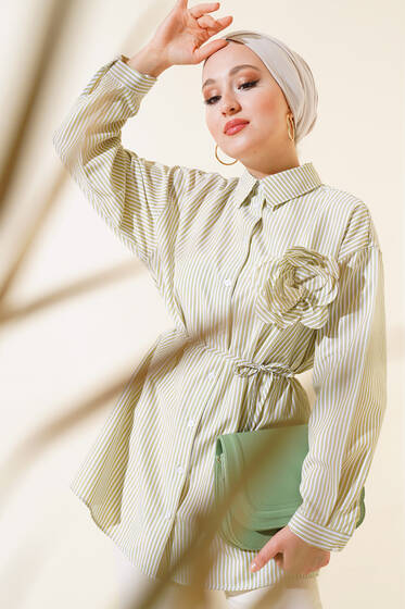 Gül Aksesuarlı Çizgili Gömlek Yağ Yeşili - Gömlek