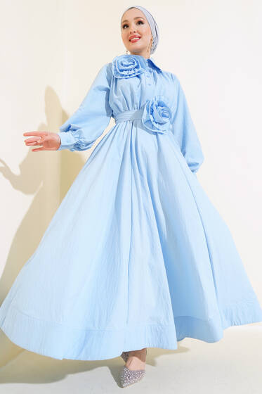 Gül Aksesuarlı Elbise Mavi - Elbise