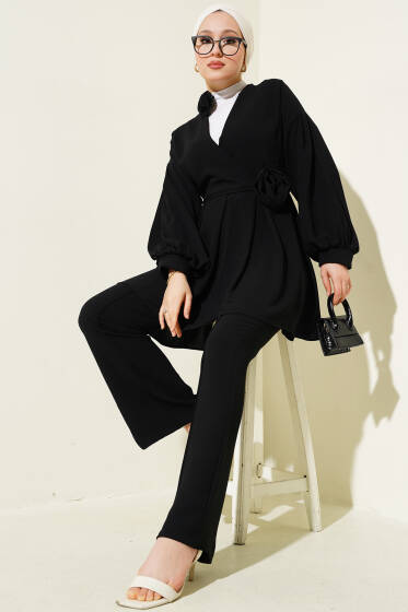 Gül Aksesuarlı Pileli Tunik İkili Takım Siyah - İkili Takım
