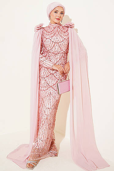 Gül Aksesuarlı Pul Payetli Abiye Elbise Pudra - Elbise