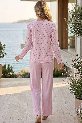 Gül Baskılı Düğmeli Fitilli Pijama Takımı Pembe - Pijama