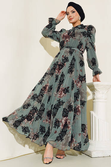 Gül Baskılı Filok Elbise Çağla Yeşili - Tesettür Elbise
