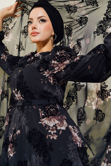 Gül Baskılı Filok Elbise Siyah - Tesettür Elbise