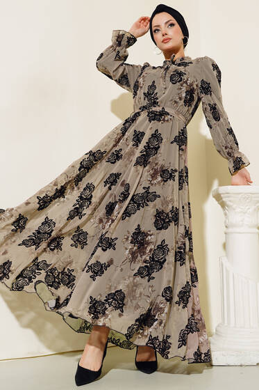 Gül Baskılı Filok Elbise Vizon - Tesettür Elbise
