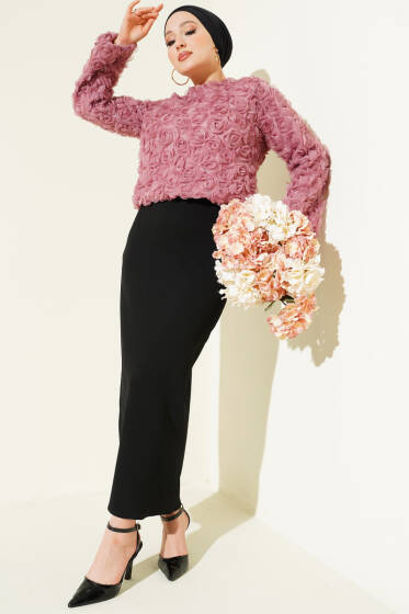 Gül Bluzlu Etekli İkili Takım Gül Kurusu - İkili Takım