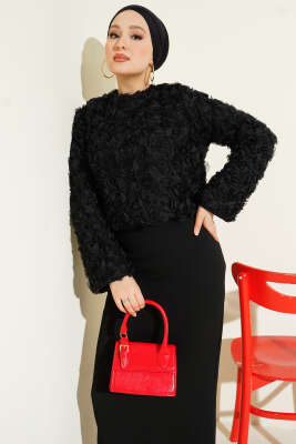 Gül Bluzlu Etekli İkili Takım Siyah - İkili Takım