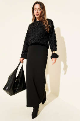 Gül Bluzlu Etekli İkili Takım Siyah - NESSİA