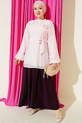 Gül Broşlu Belden Bağcıklı Tunik Pembe - Tunik