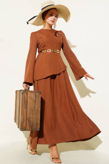 Gül Broşlu Etekli İkili Takım Kahve - İkili Takım