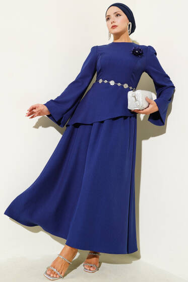 Gül Broşlu Etekli İkili Takım Lacivert - İkili Takım