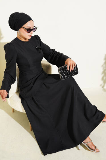 Gül Broşlu Etekli İkili Takım Siyah - İkili Takım