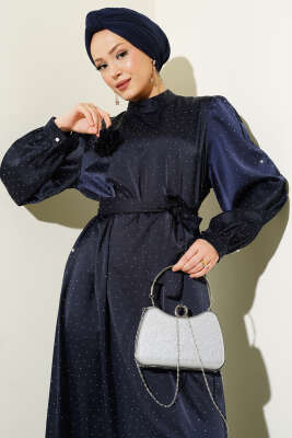 Gül Broşlu Mini Taşlı Saten Elbise Lacivert - Tesettür Elbise