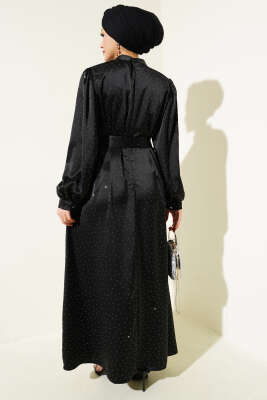 Gül Broşlu Mini Taşlı Saten Elbise Siyah - Tesettür Elbise