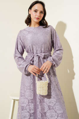 Gül Dantelli Kuşaklı Elbise Lila - Tesettür Elbise