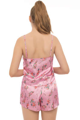 Gül Desen Askılı Saten Pijama Takımı Pembe - Pijama & Gecelik