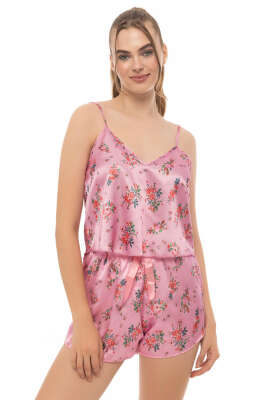 Gül Desen Askılı Saten Pijama Takımı Pembe - LOVE SECRET