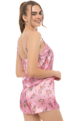 Gül Desen Askılı Saten Pijama Takımı Pembe - Pijama & Gecelik