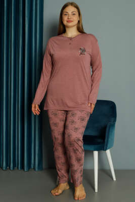 Gül Desen Viskon Büyük Beden Pijama Takımı Gül Kurusu - Kadın Pijama Takımı