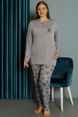 Gül Desen Viskon Büyük Beden Pijama Takımı Lila 