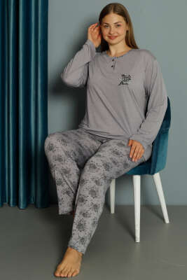 Gül Desen Viskon Büyük Beden Pijama Takımı Lila - Kadın Pijama Takımı