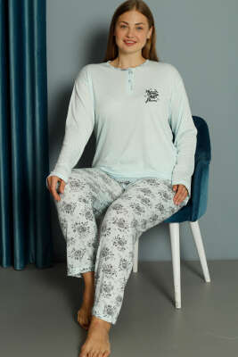 Gül Desen Viskon Büyük Beden Pijama Takımı Mint - Kadın Pijama Takımı