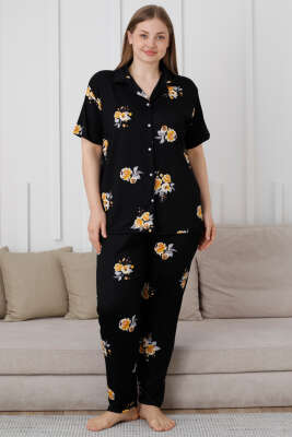 Gül Desenli Kısa Kol Büyük Beden Pijama Takımı Siyah - Kadın Pijama Takımı