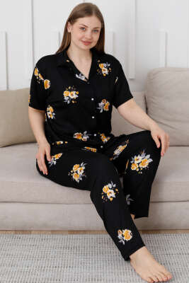 Gül Desenli Kısa Kol Büyük Beden Pijama Takımı Siyah