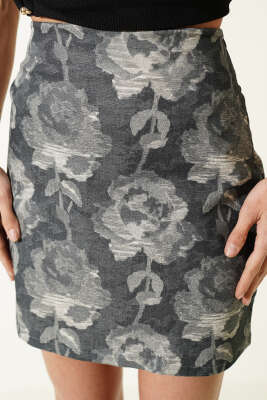 Gül Desenli Mini Etek Antrasit - Kadın Giyim Modelleri