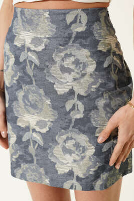 Gül Desenli Mini Etek Mavi - Kadın Giyim Modelleri