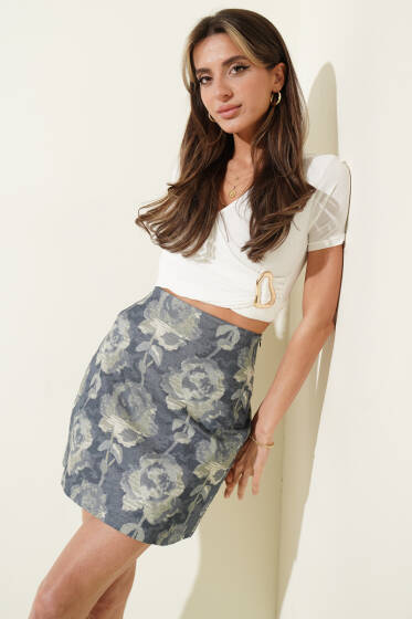 Gül Desenli Mini Etek Mavi - Kadın Giyim Modelleri