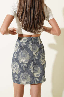 Gül Desenli Mini Etek Mavi - Kadın Giyim Modelleri